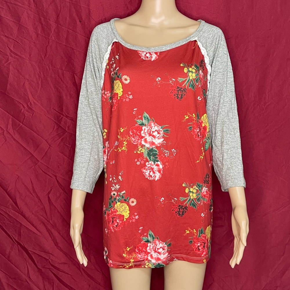 Live 4 Truth Knits Floral and Lace ¾ Sleeve Raglan Knit Sweater 2X